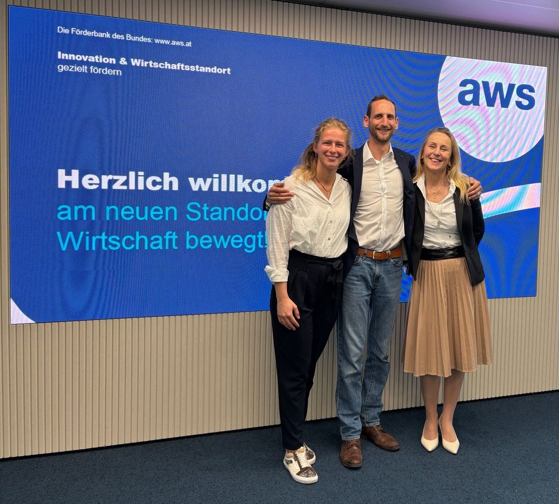 Stefan Maier mit Sandra Basic und Brigitte Maier beim aws-Jurytermin in Wien