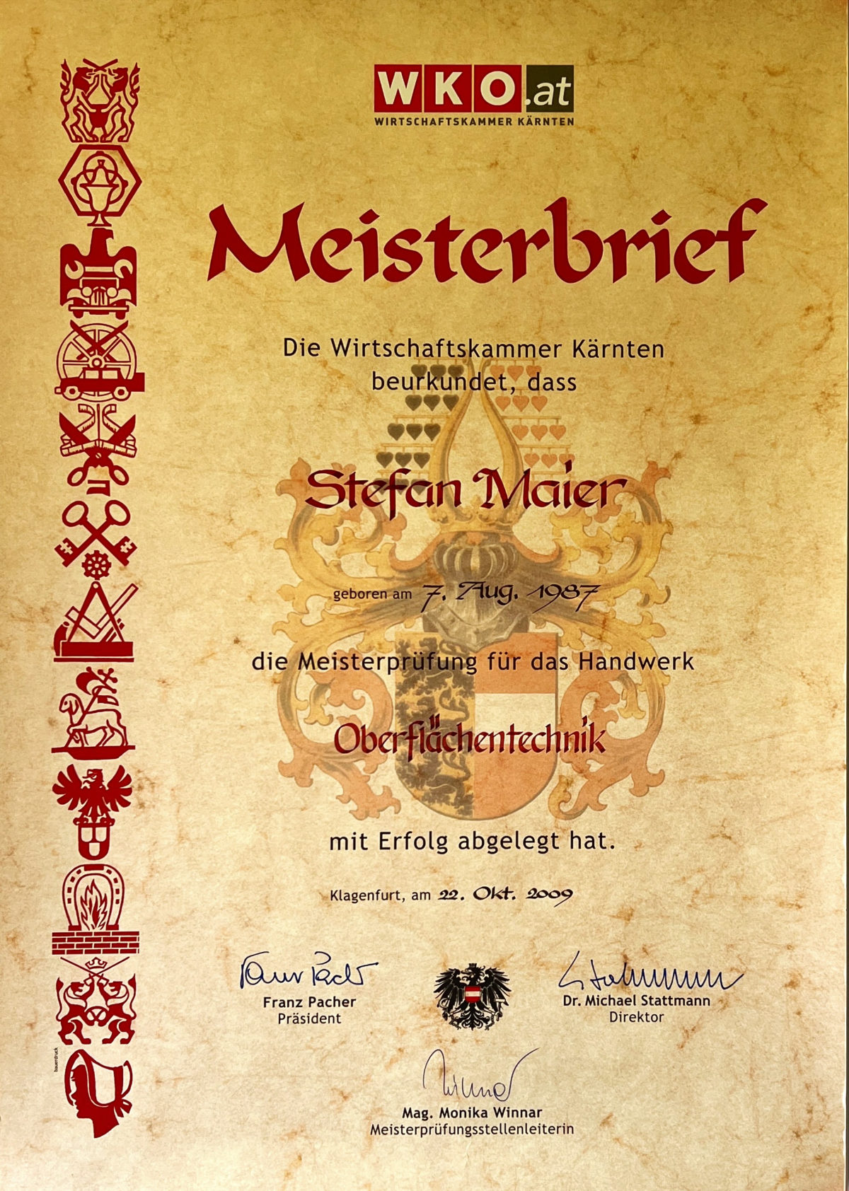 Meisterbrief Stefan Maier — Oberflächentechnik, WKO Kärnten 2009