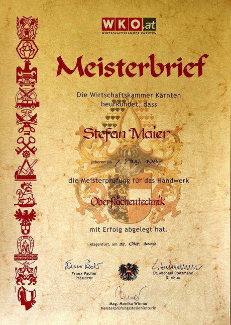 Meisterbrief Stefan Maier, Oberflächentechnik, WKO Kärnten