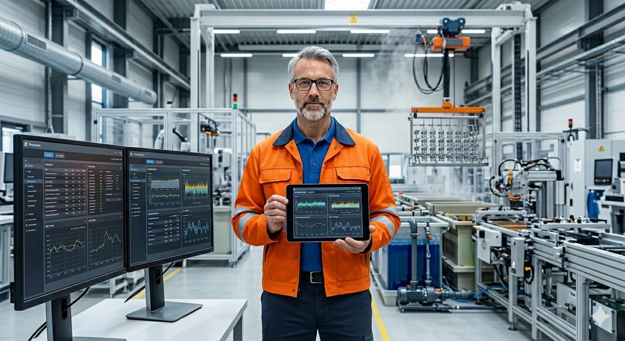 Techniker in moderner Galvanik-Fertigung wertet Prozessdaten auf einem Tablet vor Dashboard-Monitoren aus